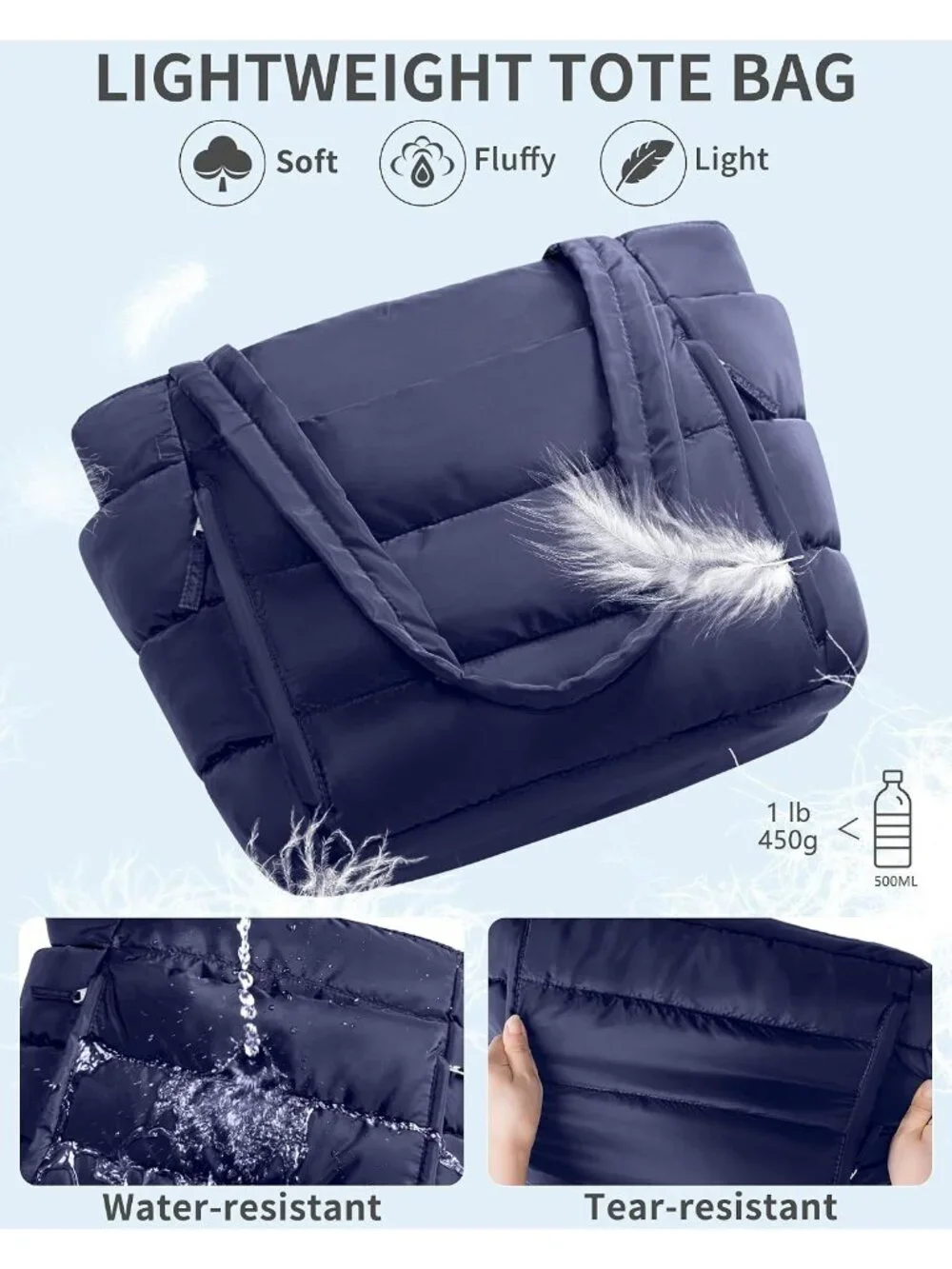 👜Women's Navy Blue Puffer Tote Bag 16 Pockets Work Gym Travel Laptop Handbag